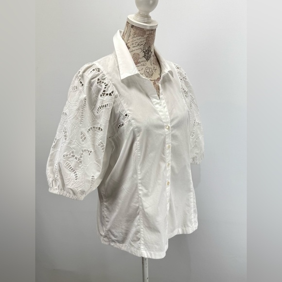 NIC+ZOE White puff eyelet sleeve button down top size L - Picture 8 of 15